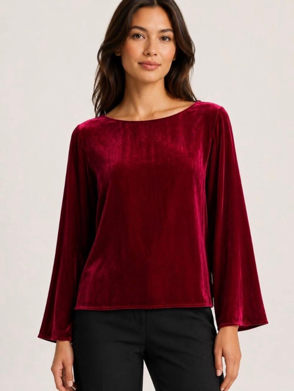 Eileen Fisher Women’s Velvet Boat Neck Bracelet Sleeve Top Ruby Red Size L